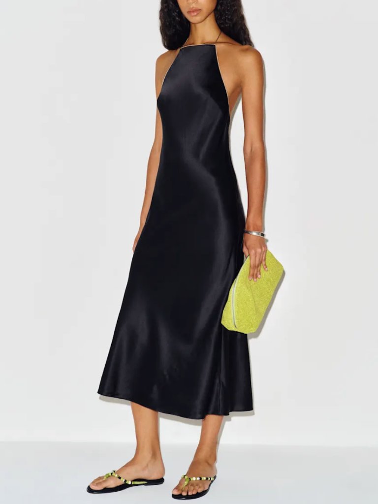 Reformation Maripaz Silk Midi Dress Small Black Noir Gold Trim Cocktail